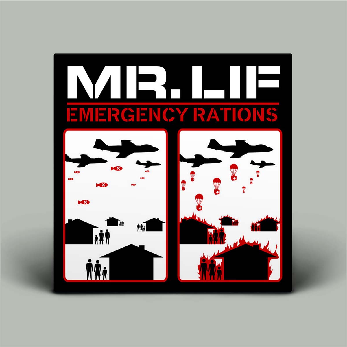Poster for 'MR. LIF Emergency Rations' with black and red design on a gray background