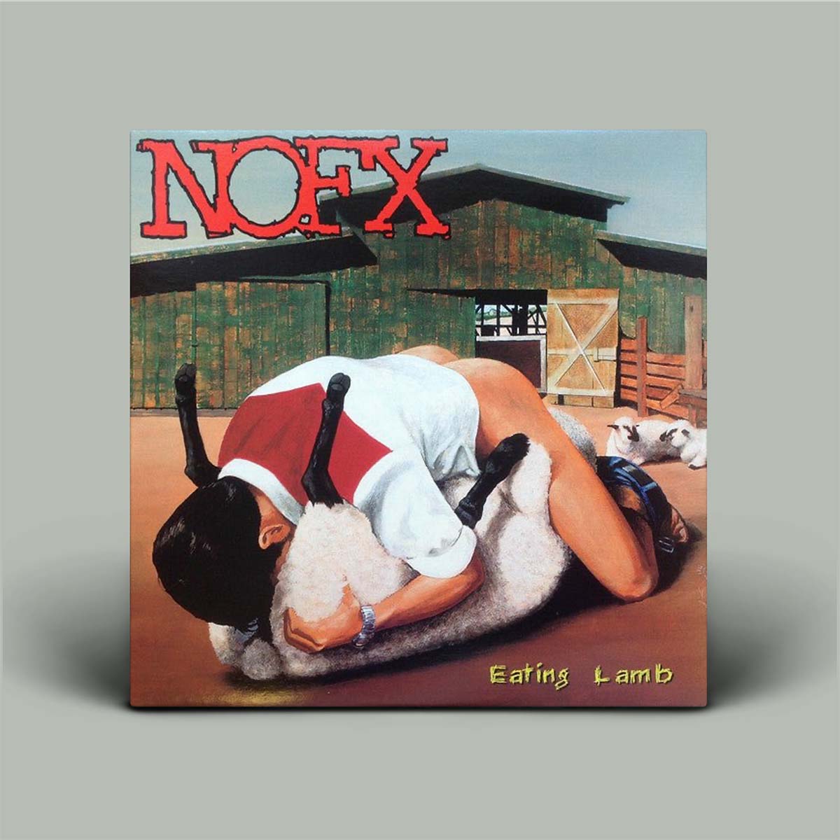 Album cover for Nofx's 'Eating Lamb' with a person on a sheep in front of a barn.