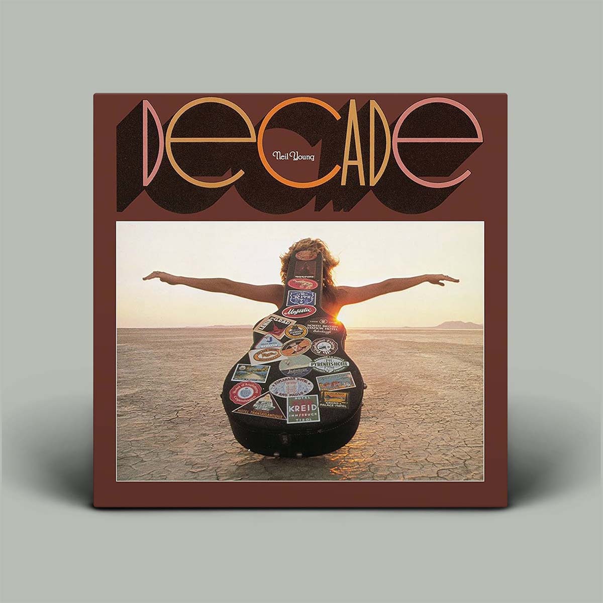 Album cover with photo of person sitting behind guitar case with writing saying Decade.