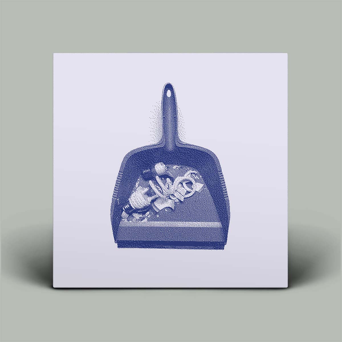 Album cover with picture of a blue dustpan with a white background