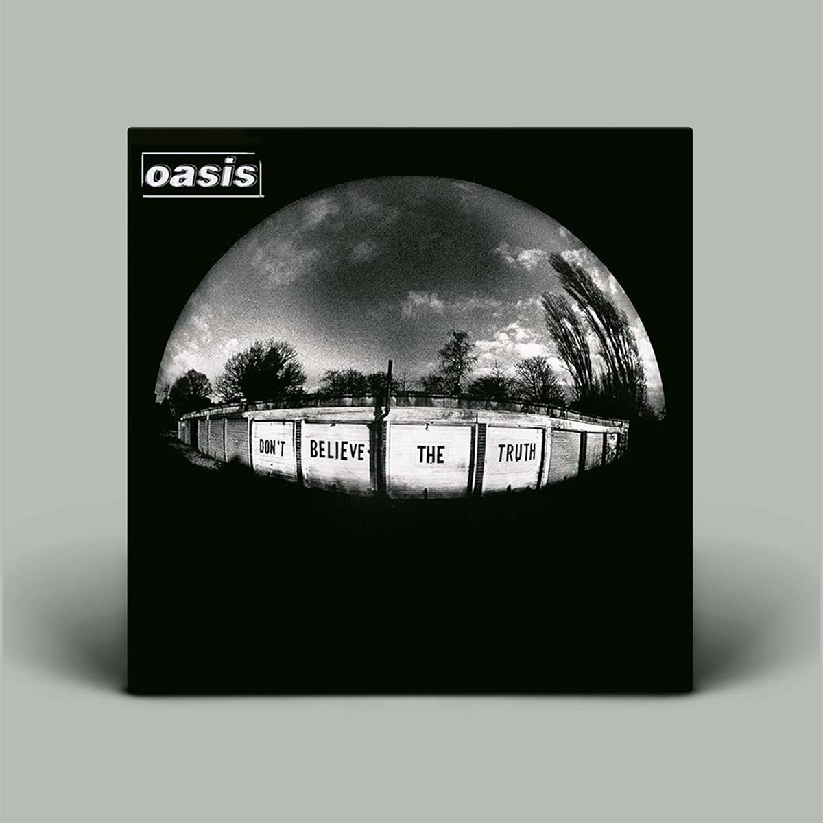 Album cover featuring black and white photograph shot with fish eye lens and black background.