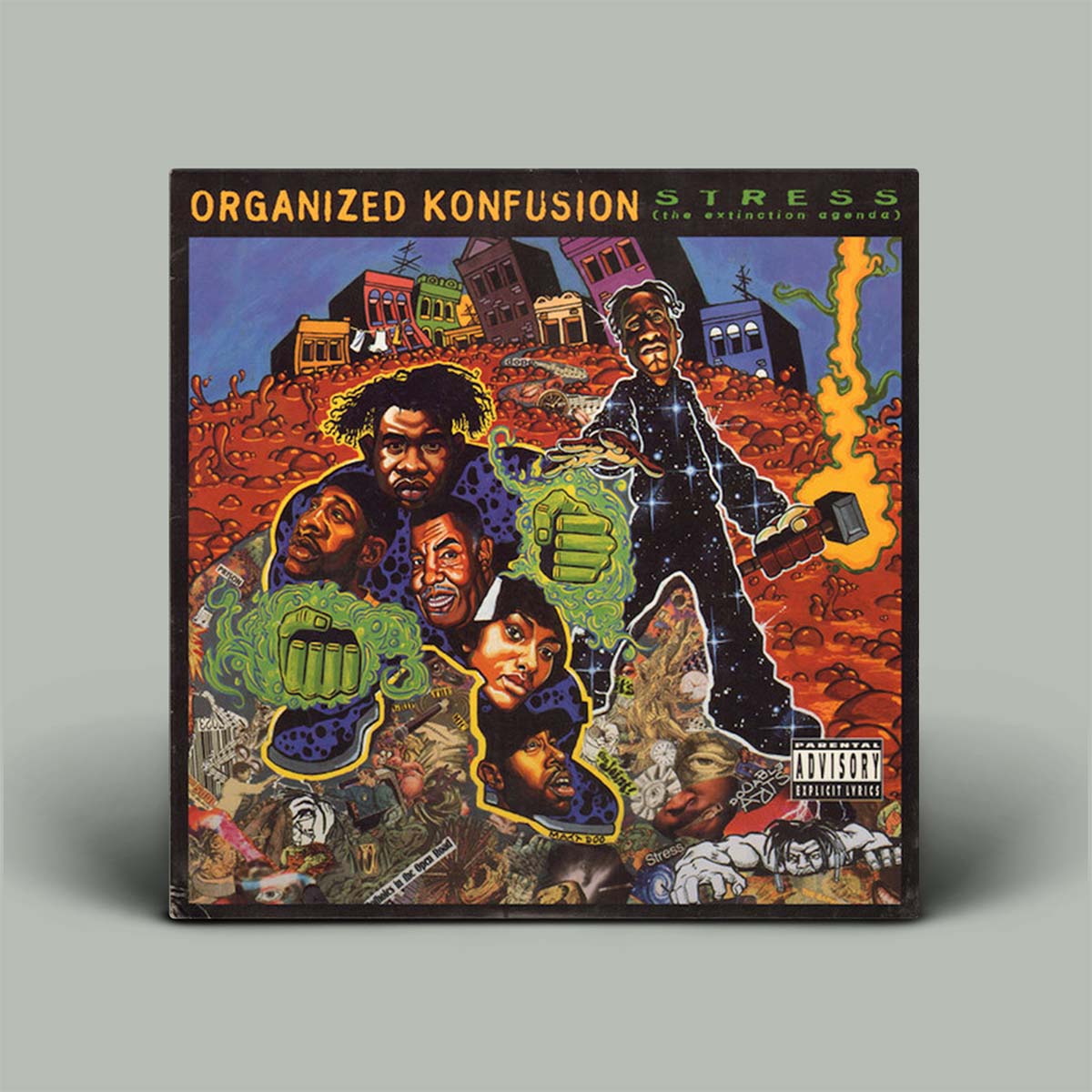Album cover with graphic image of people and colours.