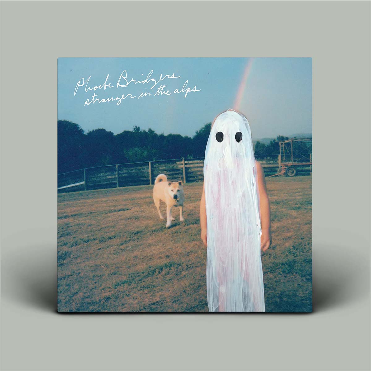 Album cover with a person in a ghost costume and a dog in a field, with text 'Phoebe Bridgers, Stranger in the Alps'.