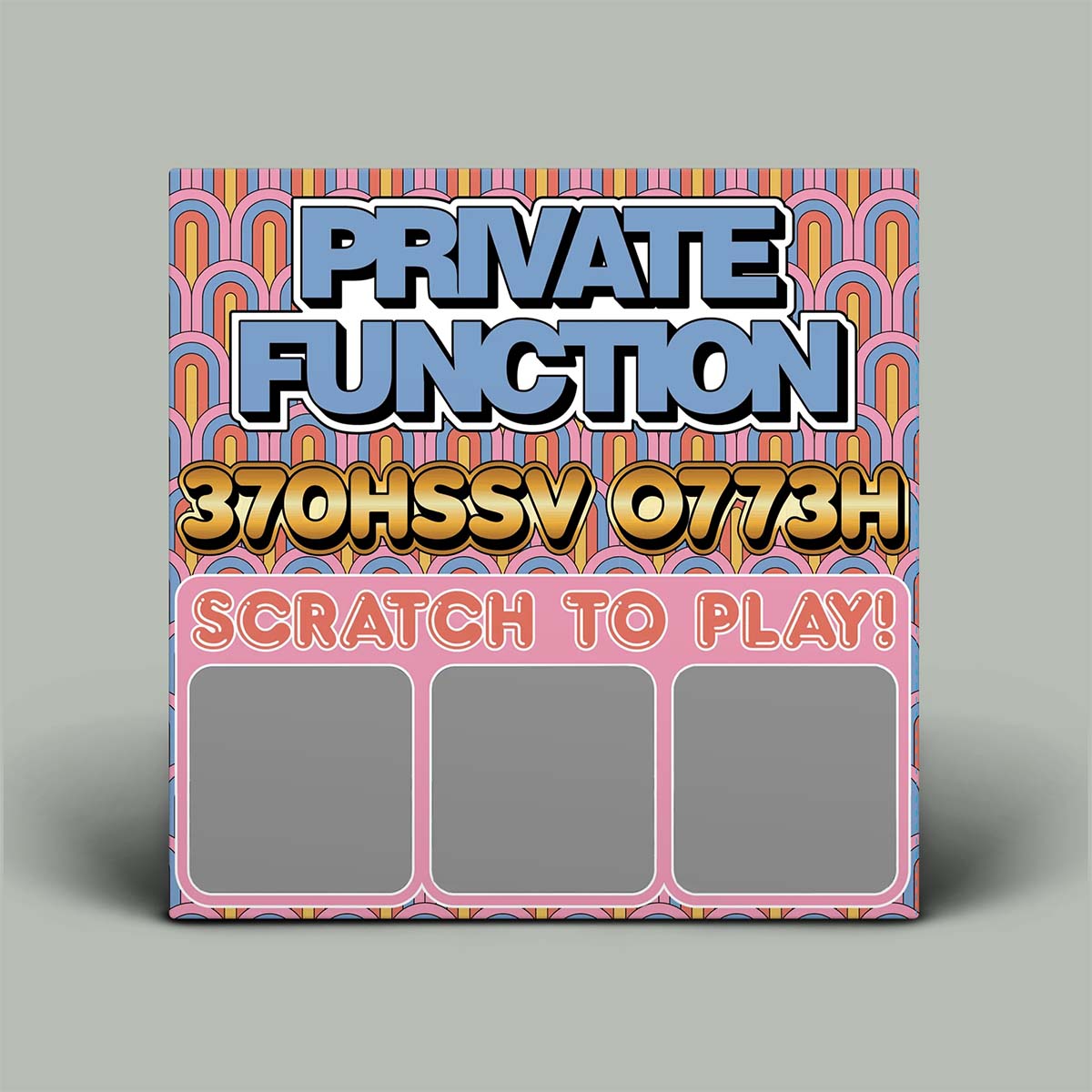 Album cover with scratch-off game card with 'Private Function' text and colorful design on a gray background