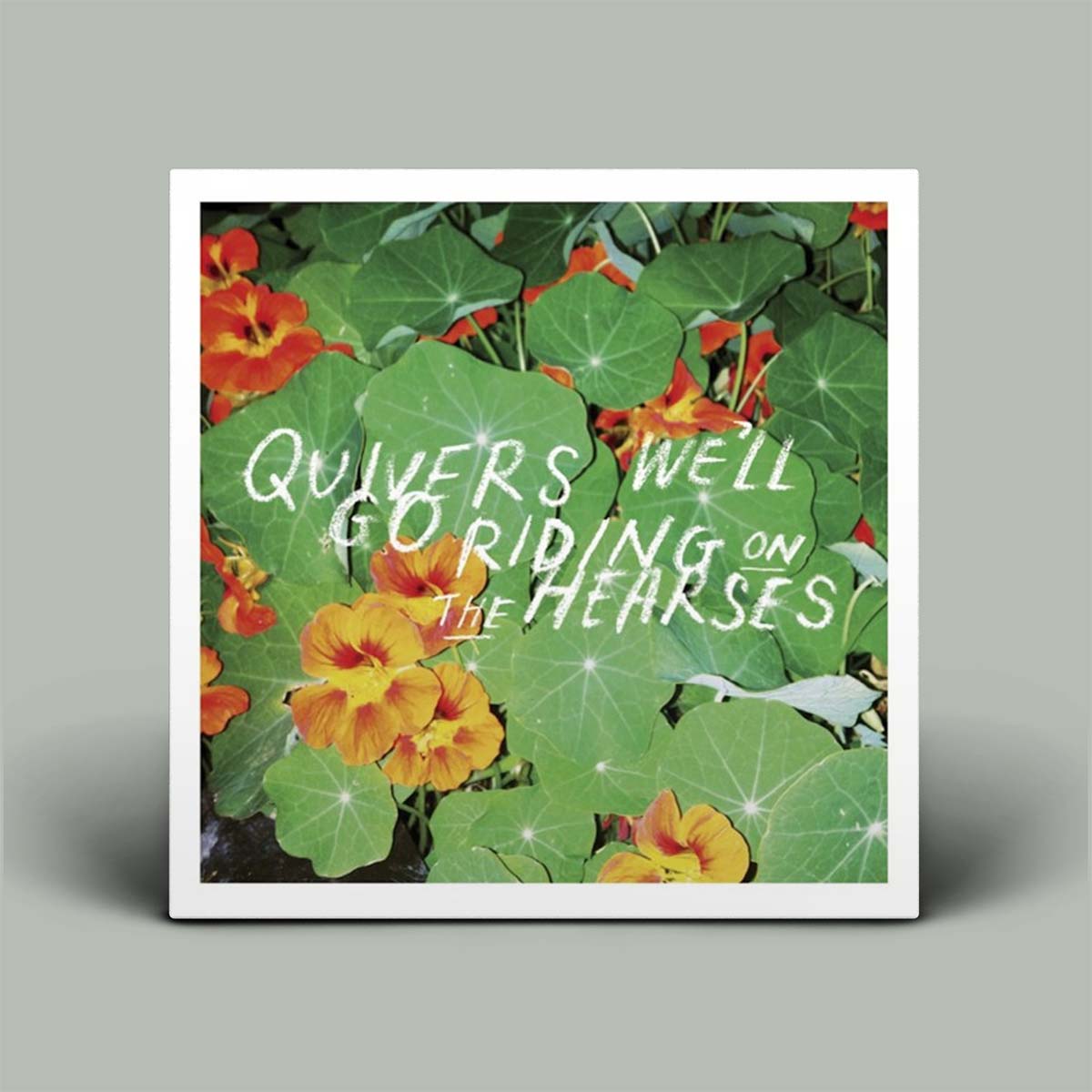 Framed artwork with green leaves and flowers featuring text on a gray background