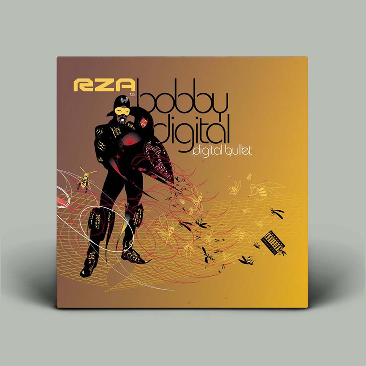 Album cover with a stylized illustration of a person holding a gun, featuring the text 'RZA Bobby Digital Digital Bullet'.