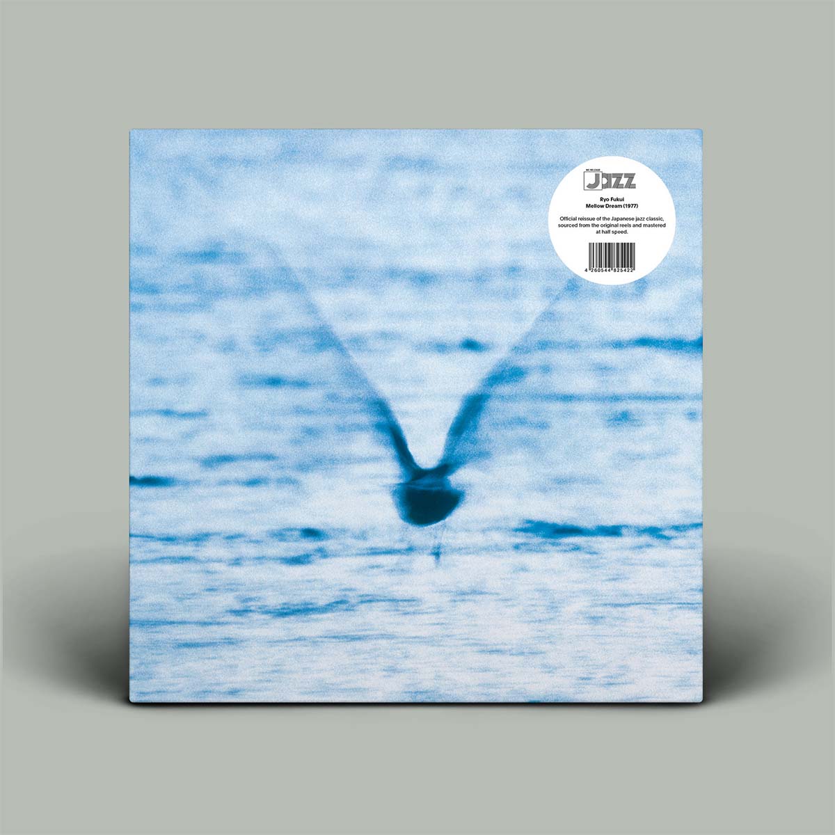 Vinyl record cover with a blue and white abstract design and a label on a gray background