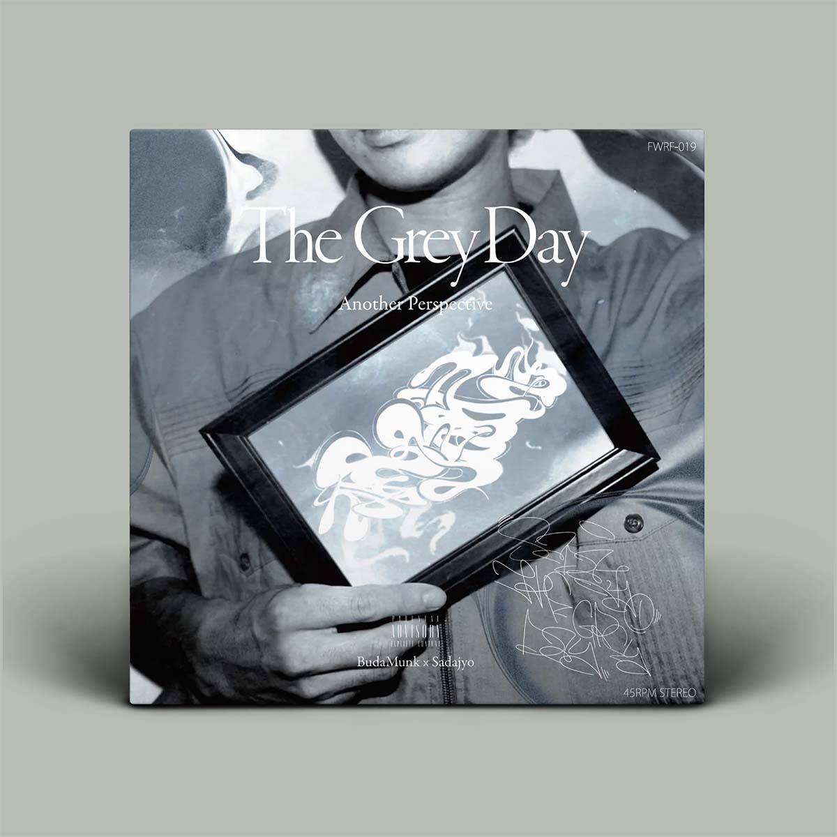 Abstract art piece with text and geometric shapes on a beige background