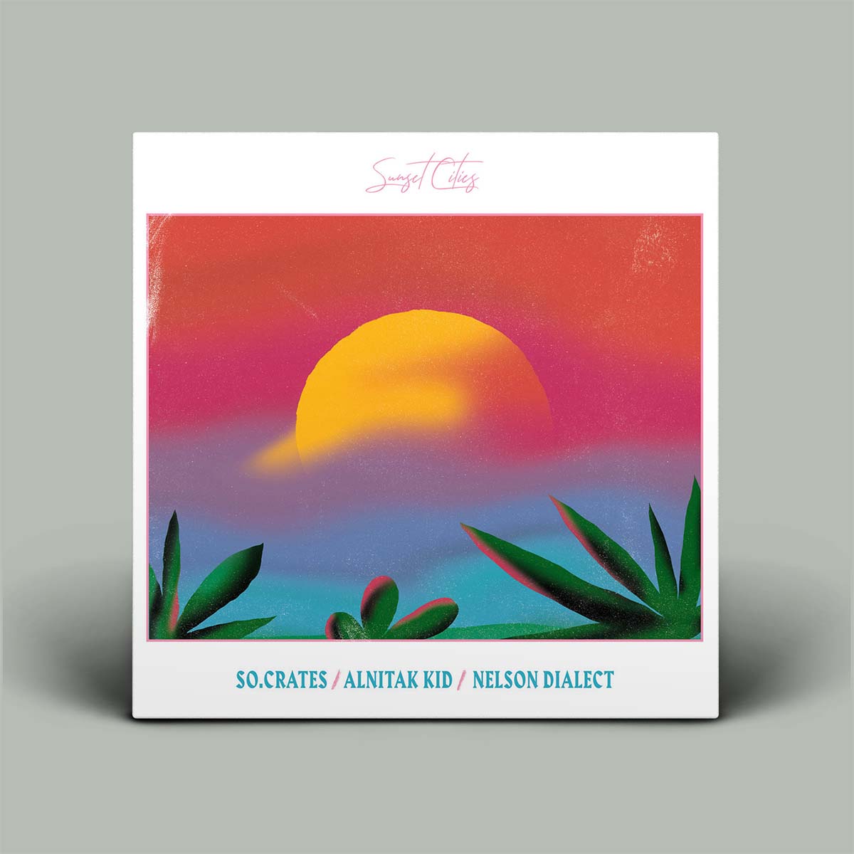 Album cover with a colorful sunset design on a gray background
