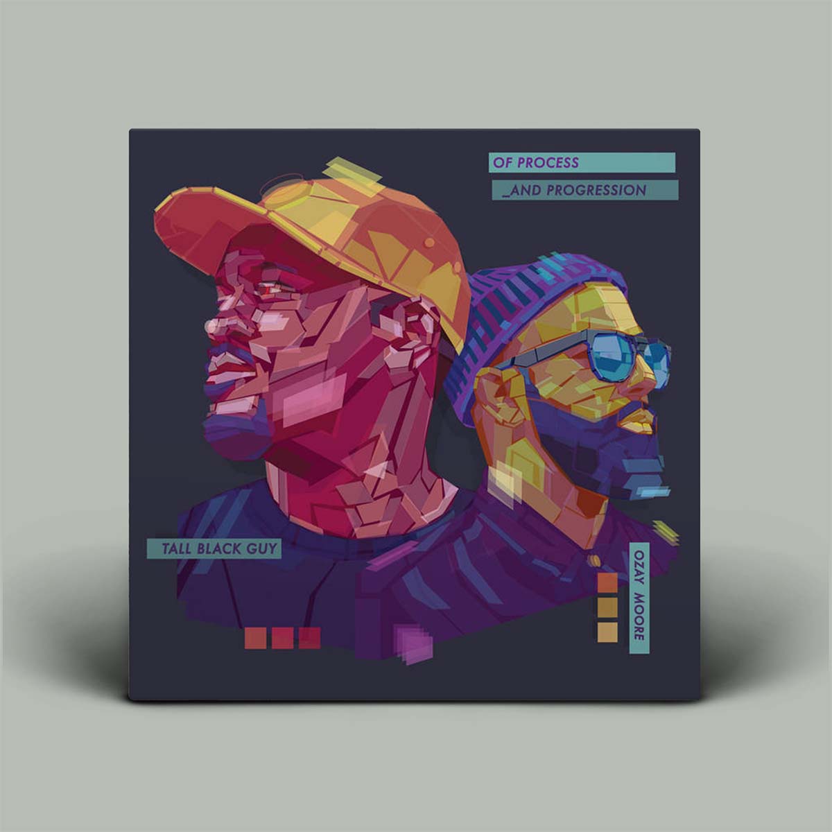 Album cover with stylized portraits of two people in colorful geometric design on a dark background.
