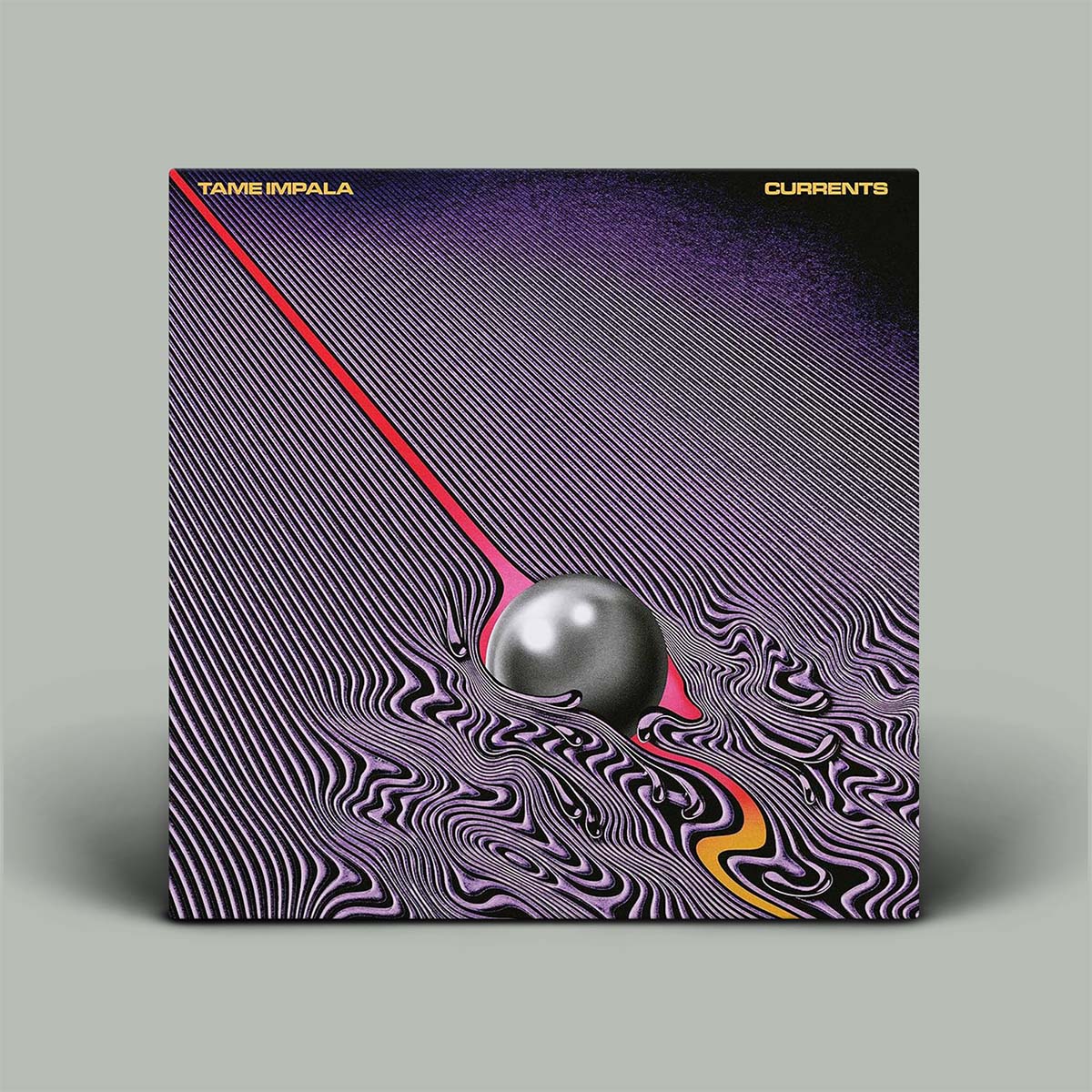 Album cover for 'Currents' by Tame Impala with a stylized design on a gray background