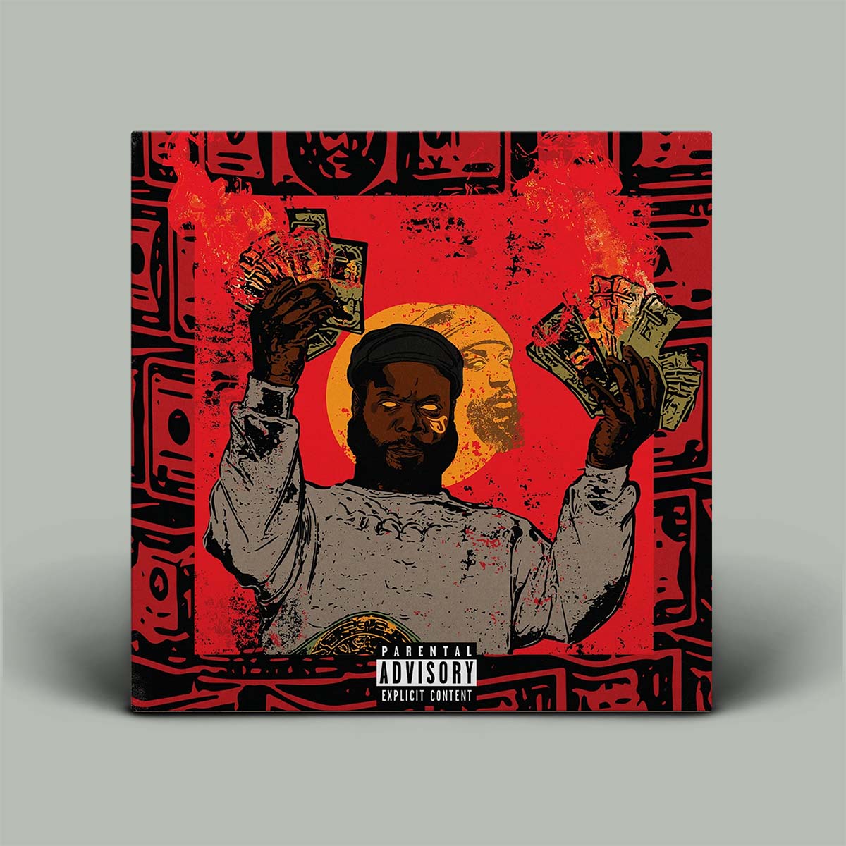 Album cover with a person holding money against a red background