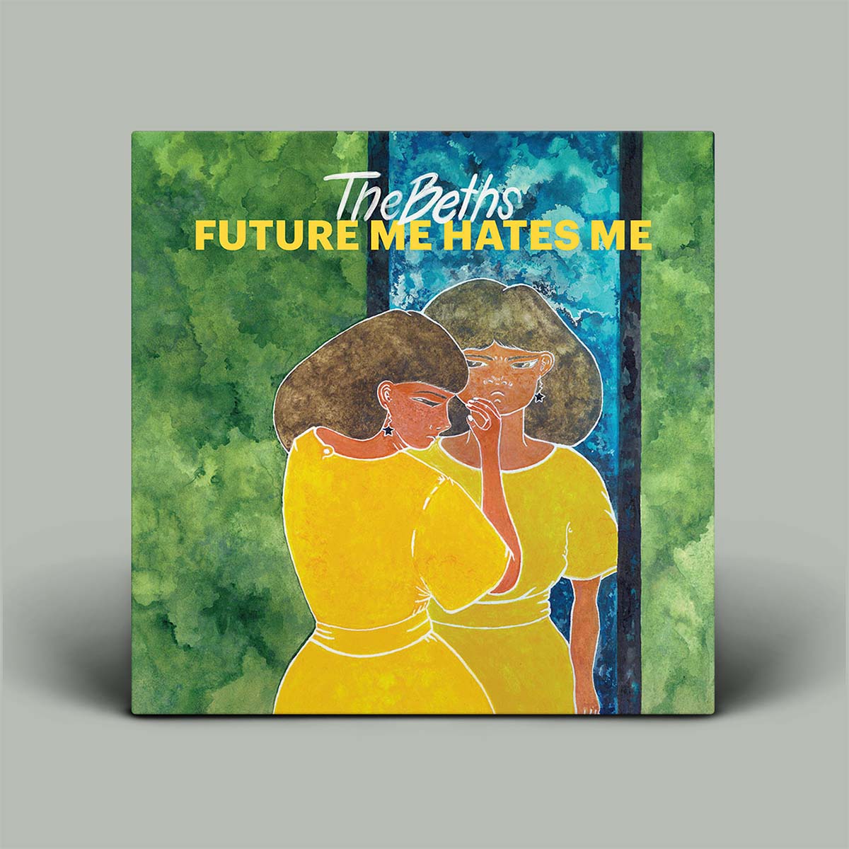 Album cover with two figures and 'The Beths' text on a green and blue background