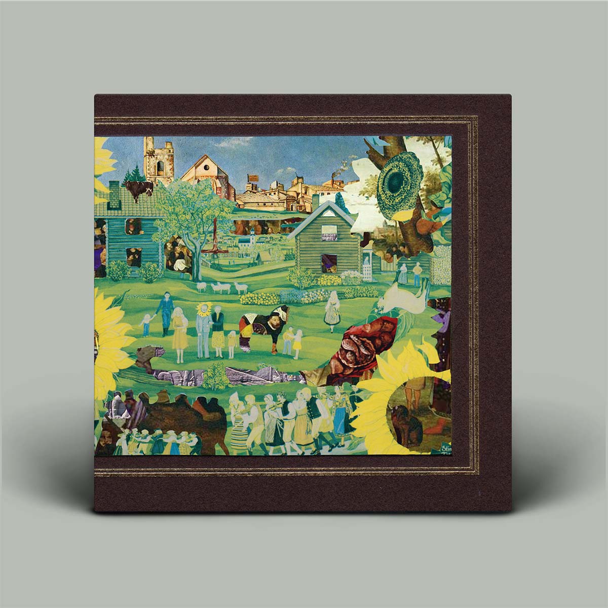 Framed artwork depicting a colorful scene with people and buildings on a gray background