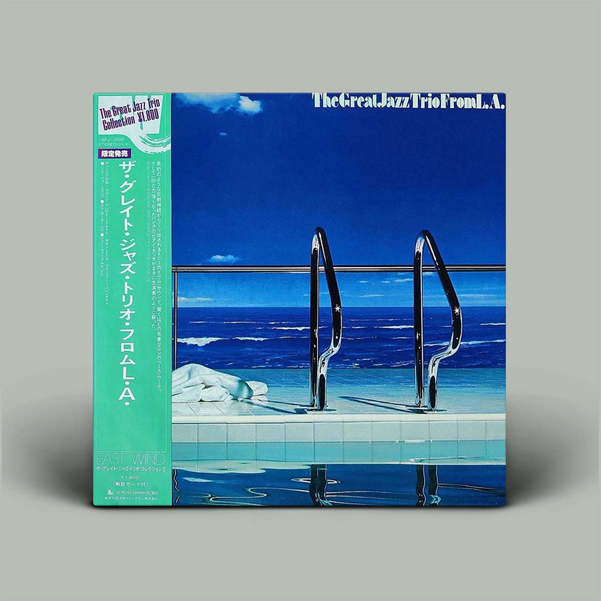 Vinyl record cover with a pool and ocean scene