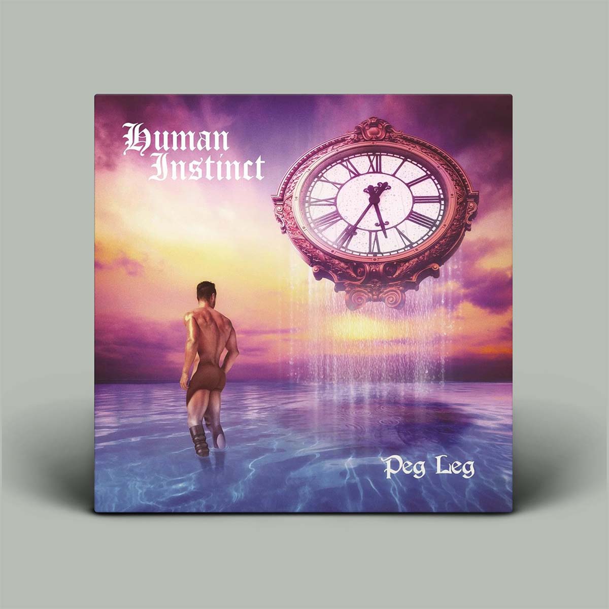 Album cover with a person looking at a large clock in a fantasy setting, featuring the text 'Human Instinct' and 'Peg Leg'.
