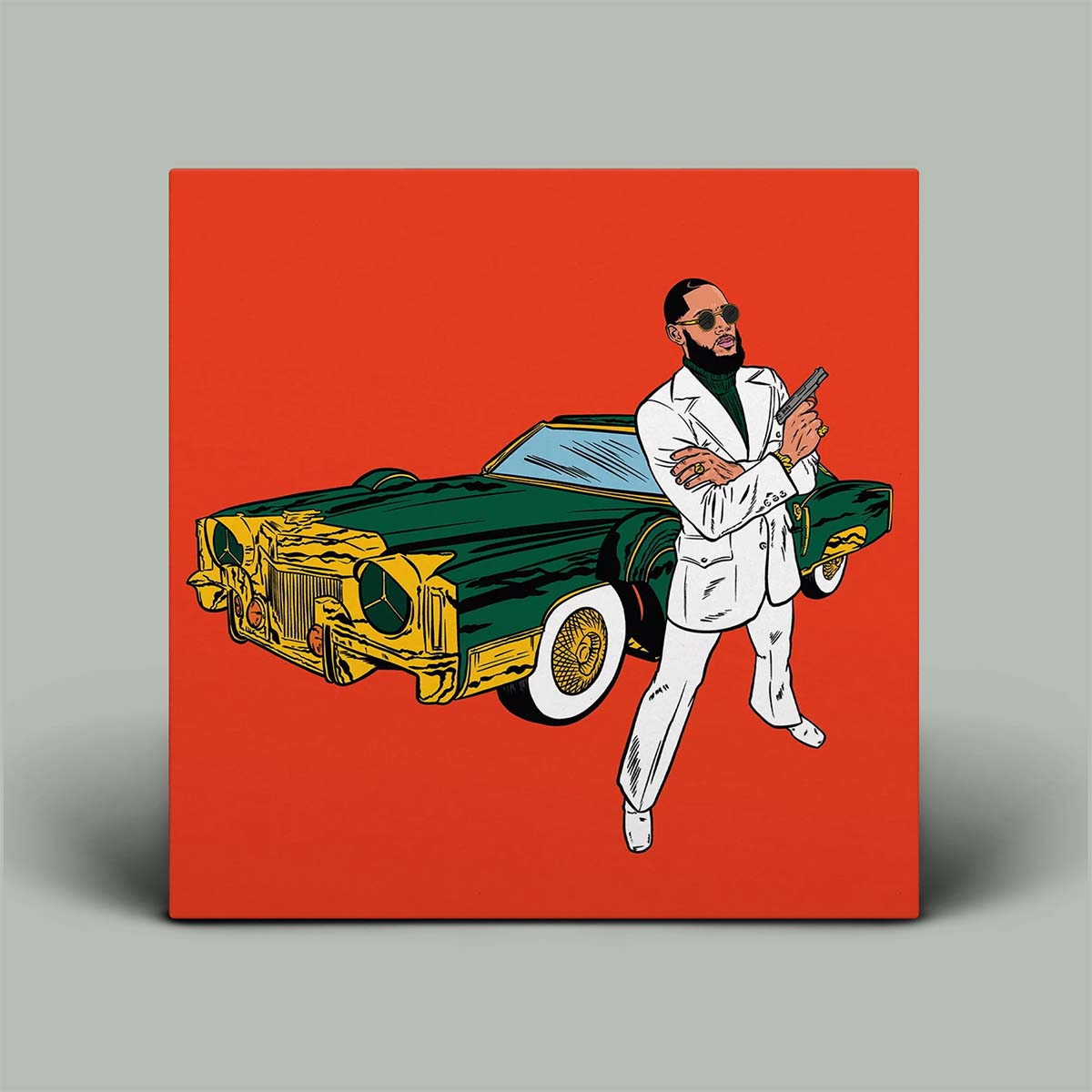Illustration of a man in a white suit holding a gun next to a green car on a red background