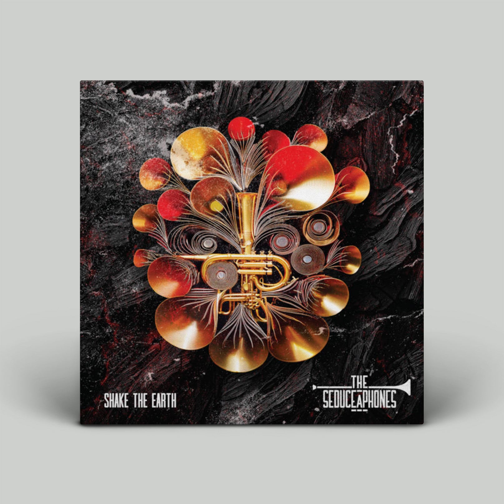 Album cover with a stylized trumpet design on a dark background