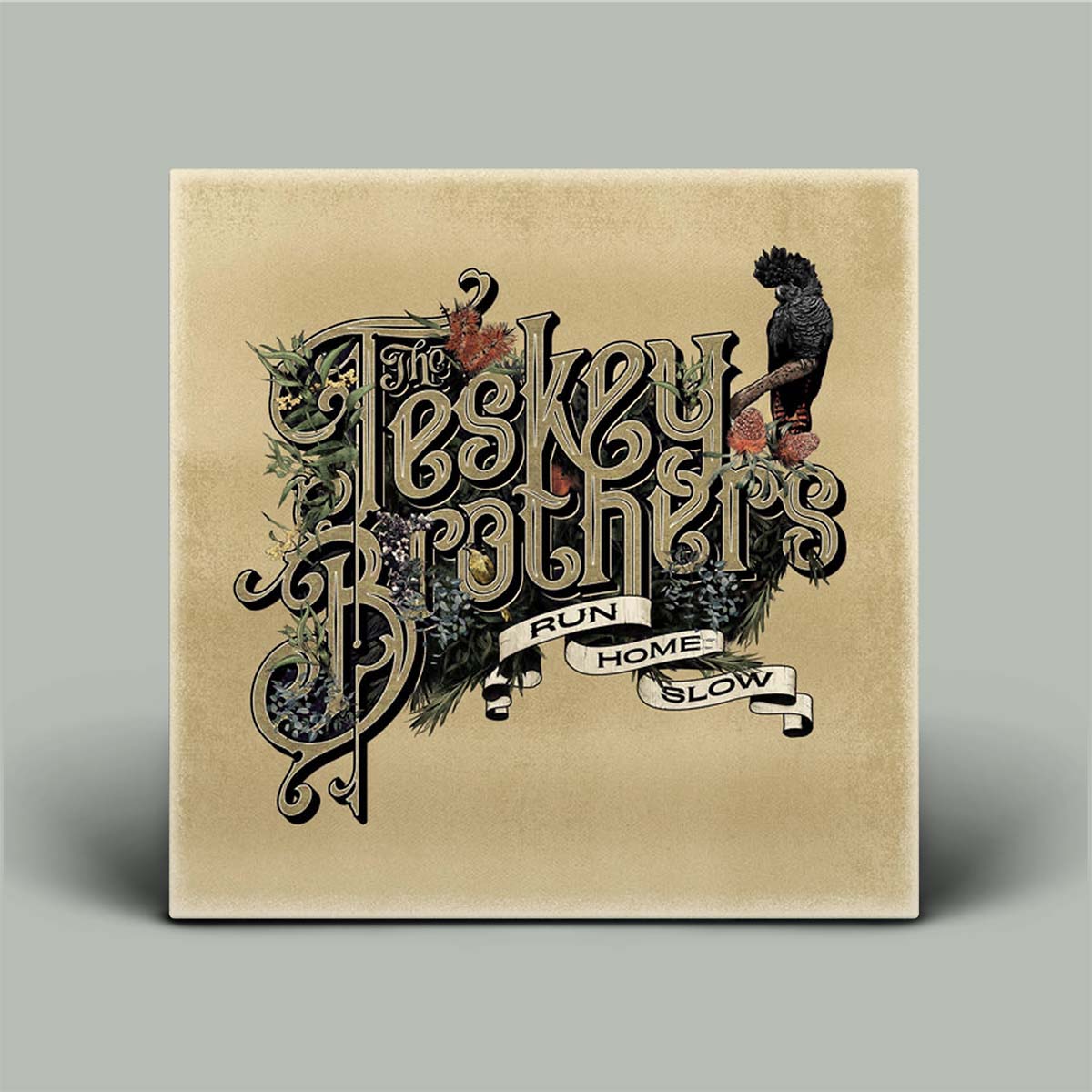 Album cover with decorative text and graphics on a beige background
