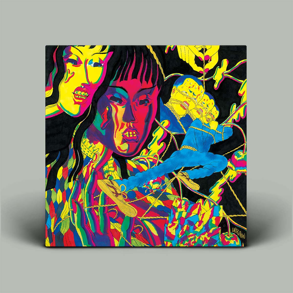 Colorful abstract artwork with a woman's face and figures on a black background