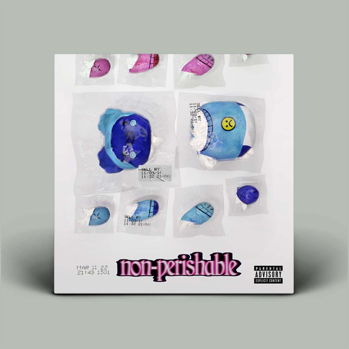 Album cover for 'non-perishable' with blue and pink designs on a gray background