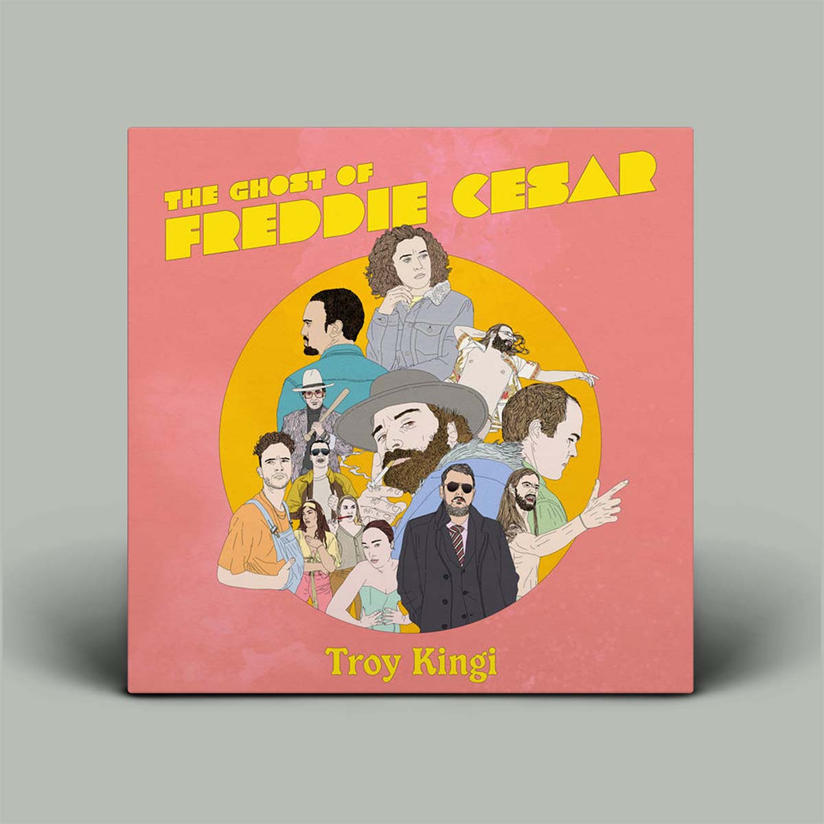 Album cover with pink background and graphic image of people