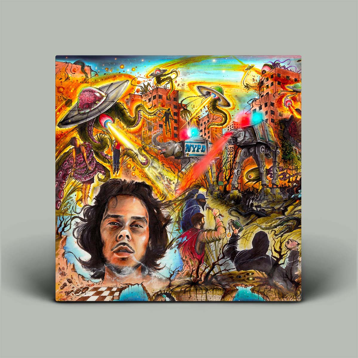 Colorful album cover with a central portrait and various elements on a gray background