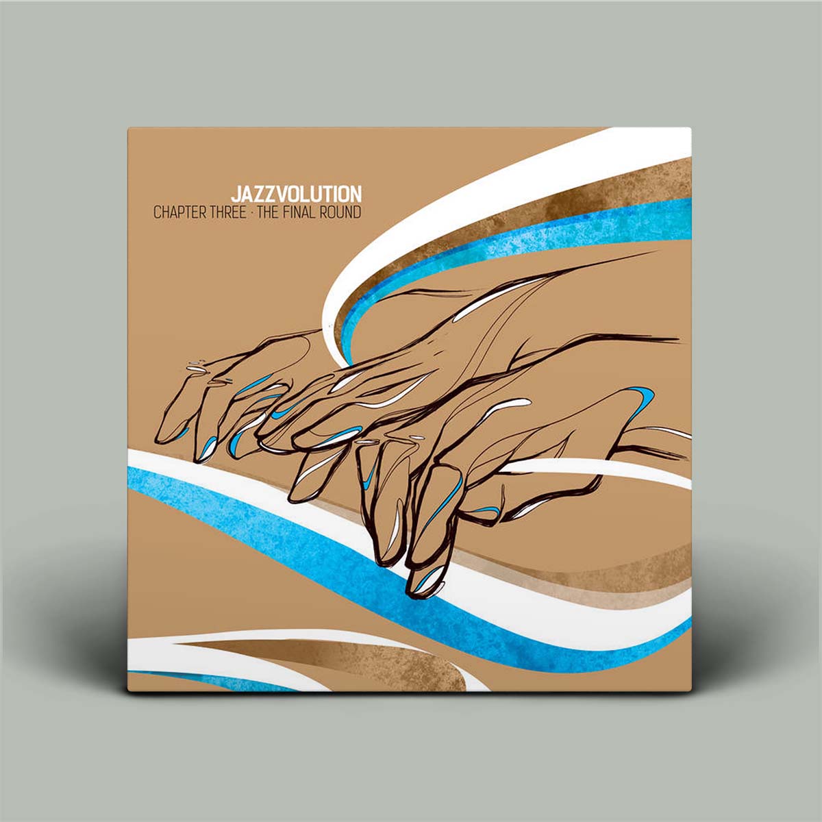 Album cover with hands and abstract design on a brown background