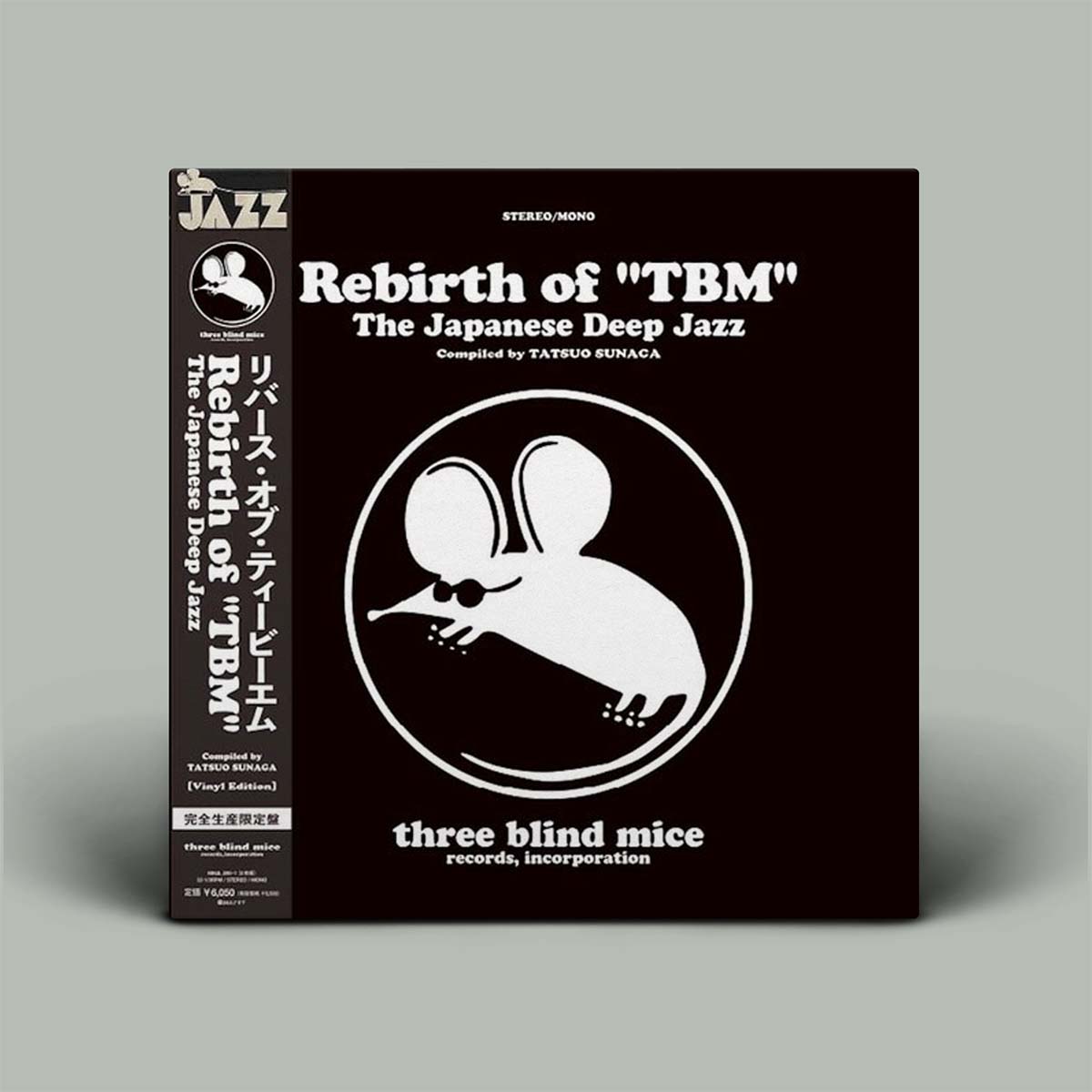 Album cover for 'Rebirth Of 'TBM' The Japanese Deep Jazz' featuring a black background with a white graphic of a mouse and text in Japanese and English.