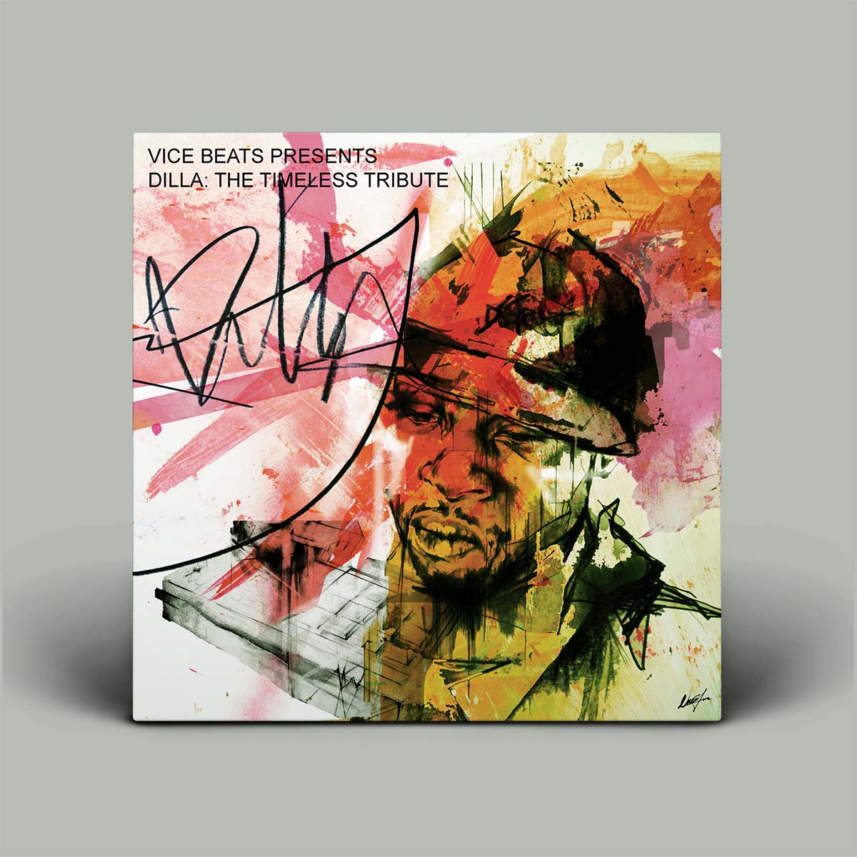 Album cover for 'Dilla: The Timeless Tribute' by Vice Beats with artistic depiction of a person and signature.