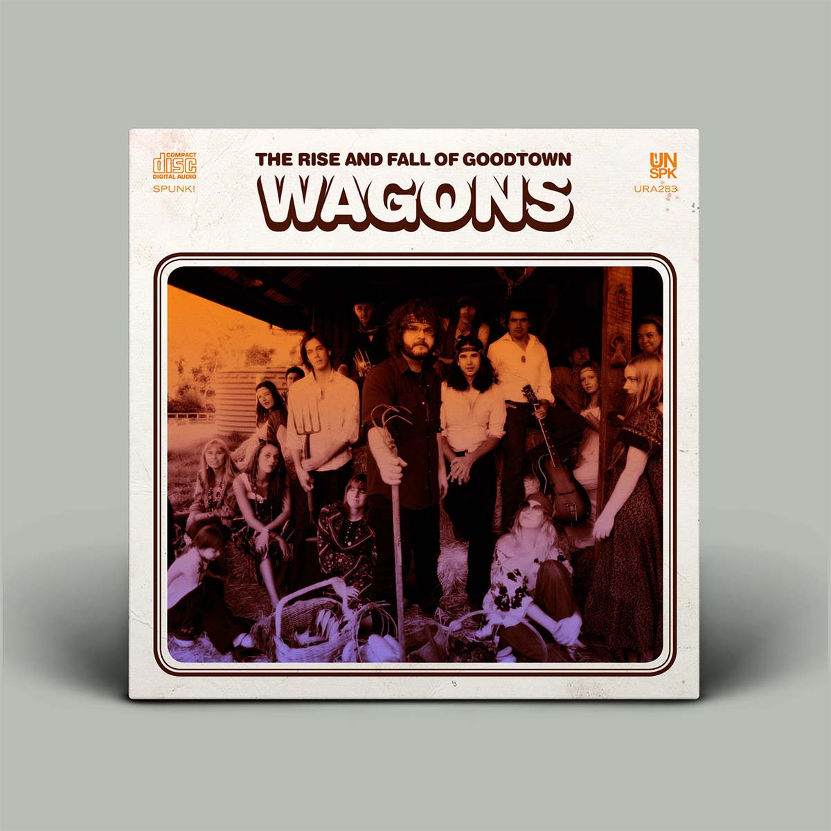 Album cover for 'The Rise and Fall of Goodtown WAGONS' with a group photo on a gray background