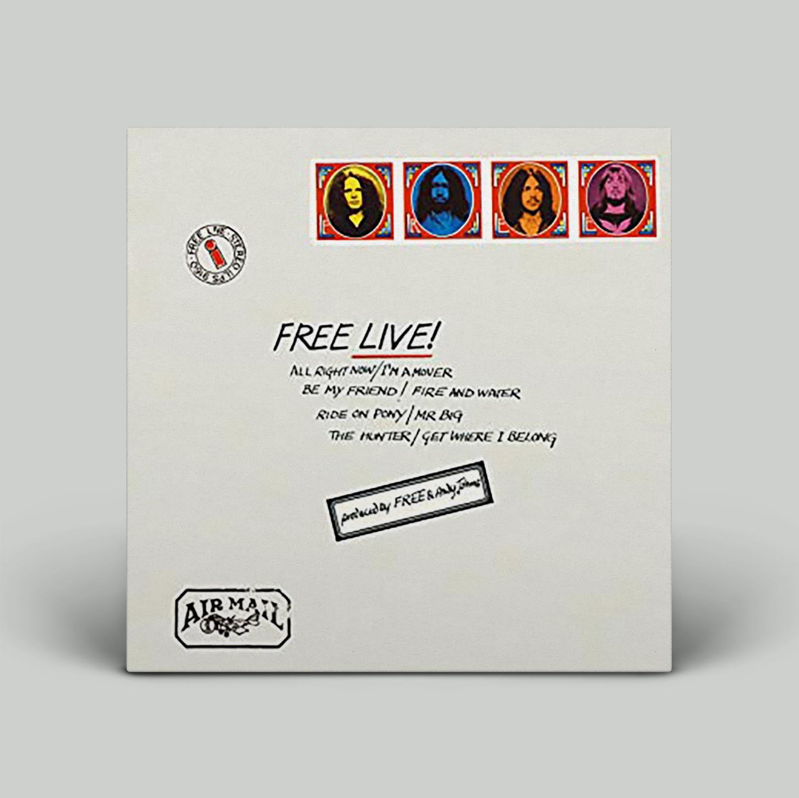 The image displays the back cover of the 'Free Live!' album by the English rock band Free. It features a white background with text detailing the album's information, a small section of a graphic design, and four colorful circular portraits of band members.