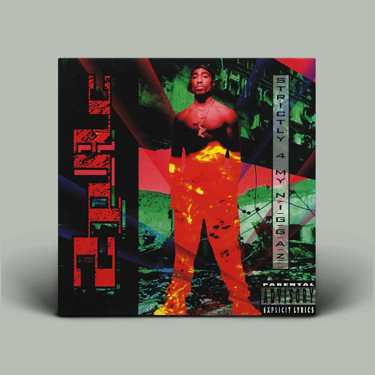 Album cover with a person in a colorful, abstract design on a gray background