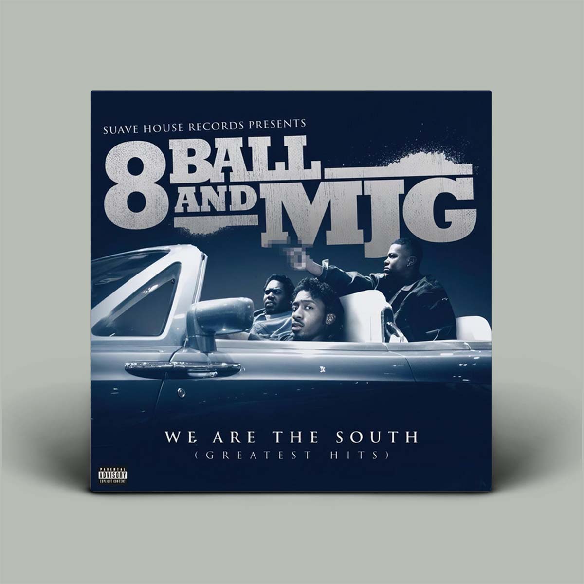 Album cover for '8 Ball & MJG' featuring two individuals in a car with a blue background.