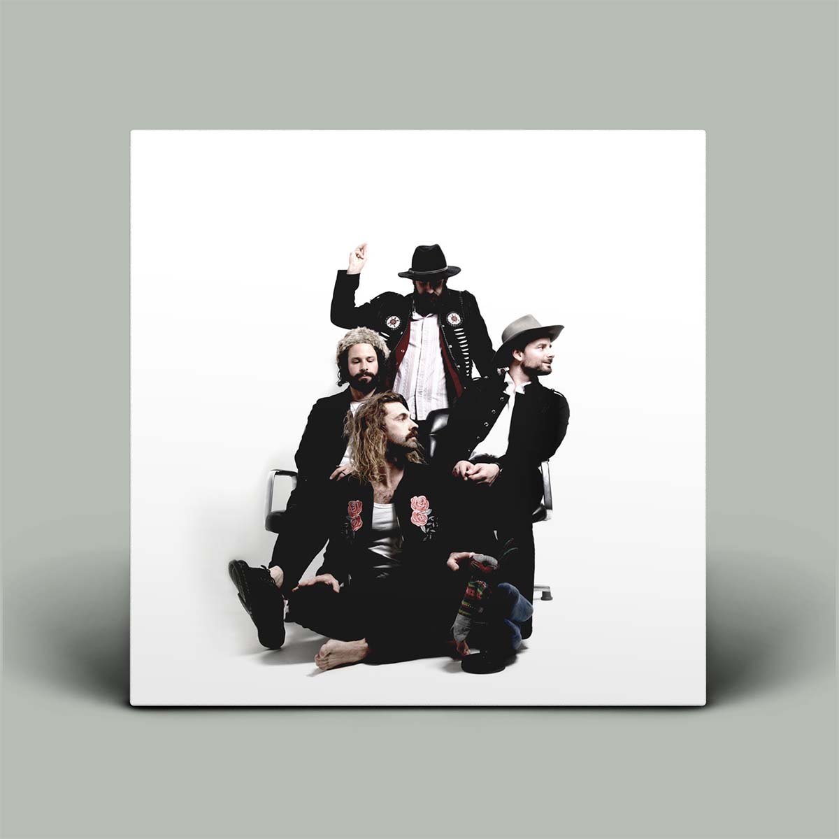 Album cover with a group of people on a white background