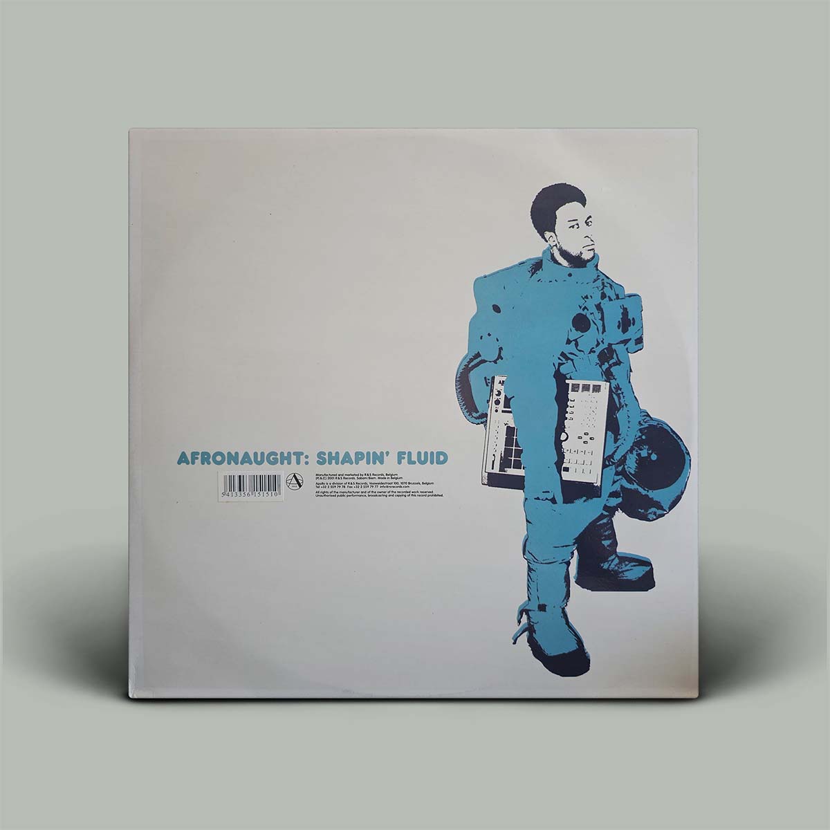 Vinyl record cover with a person in a blue outfit on a white background