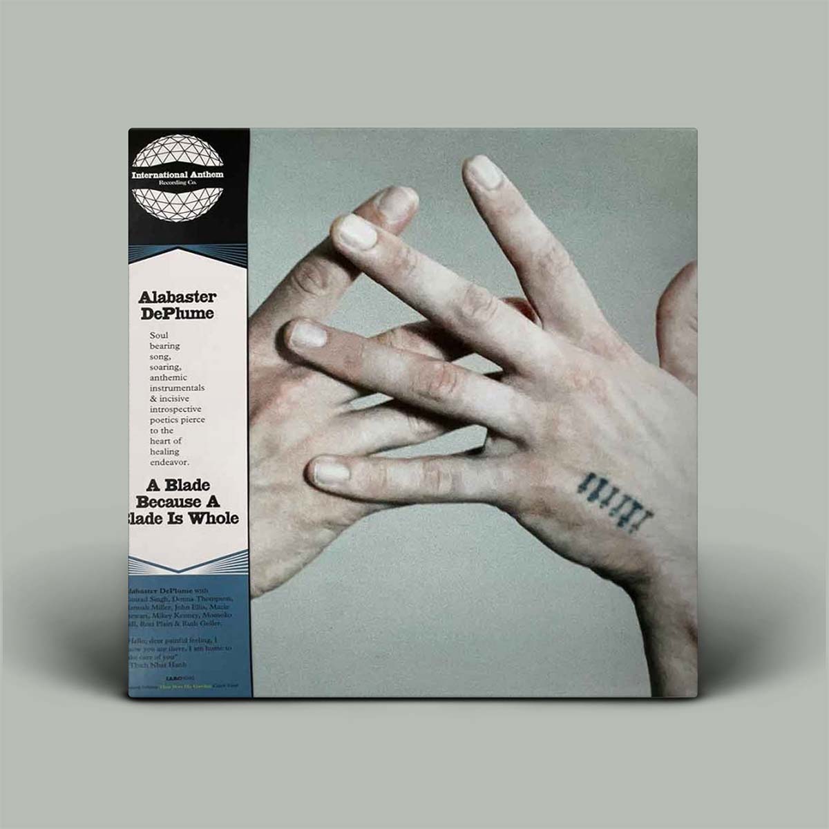 Vinyl record cover with hands and text on a gray background