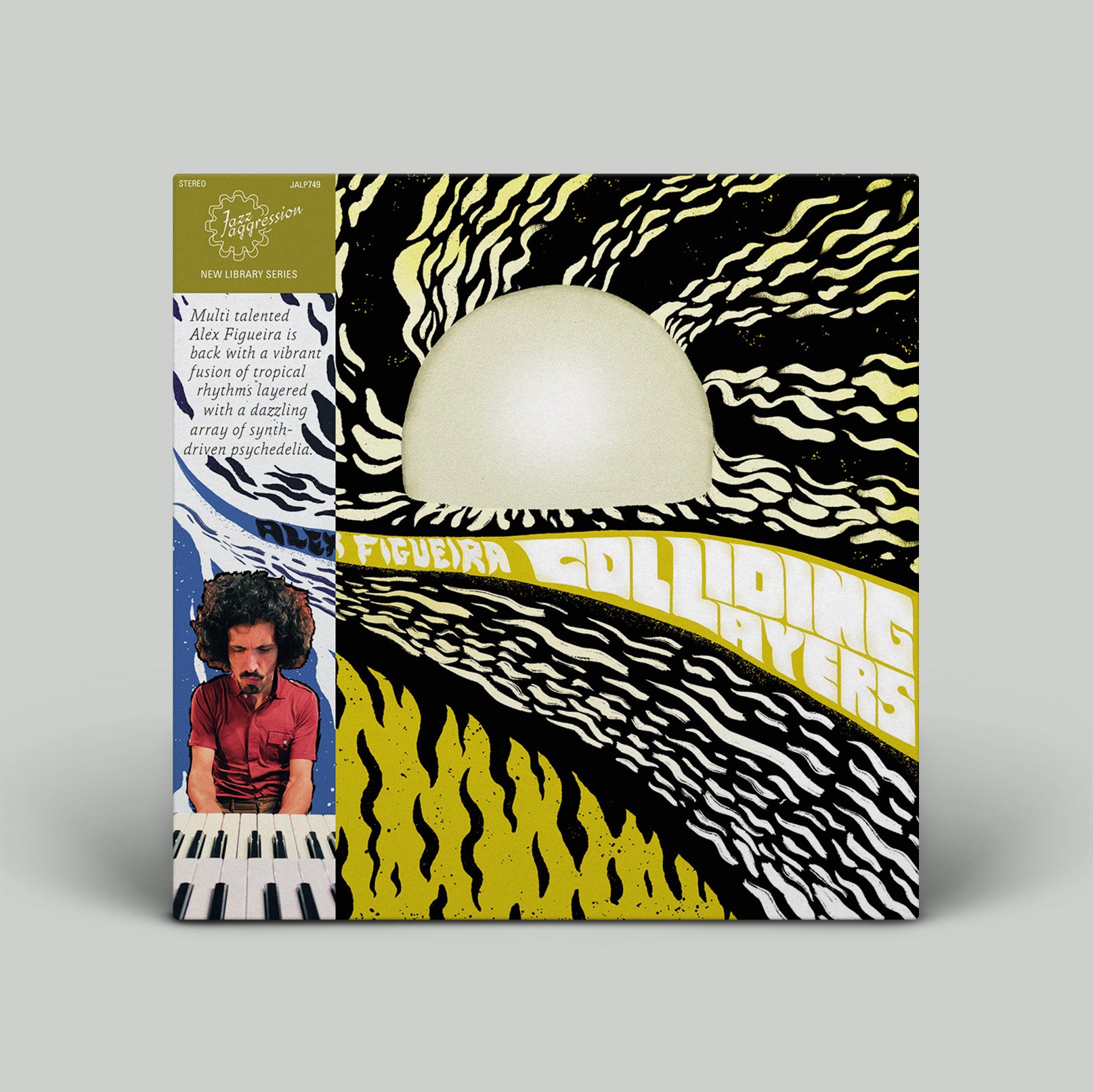 Vinyl record cover with a stylized design featuring a person playing piano and abstract patterns.