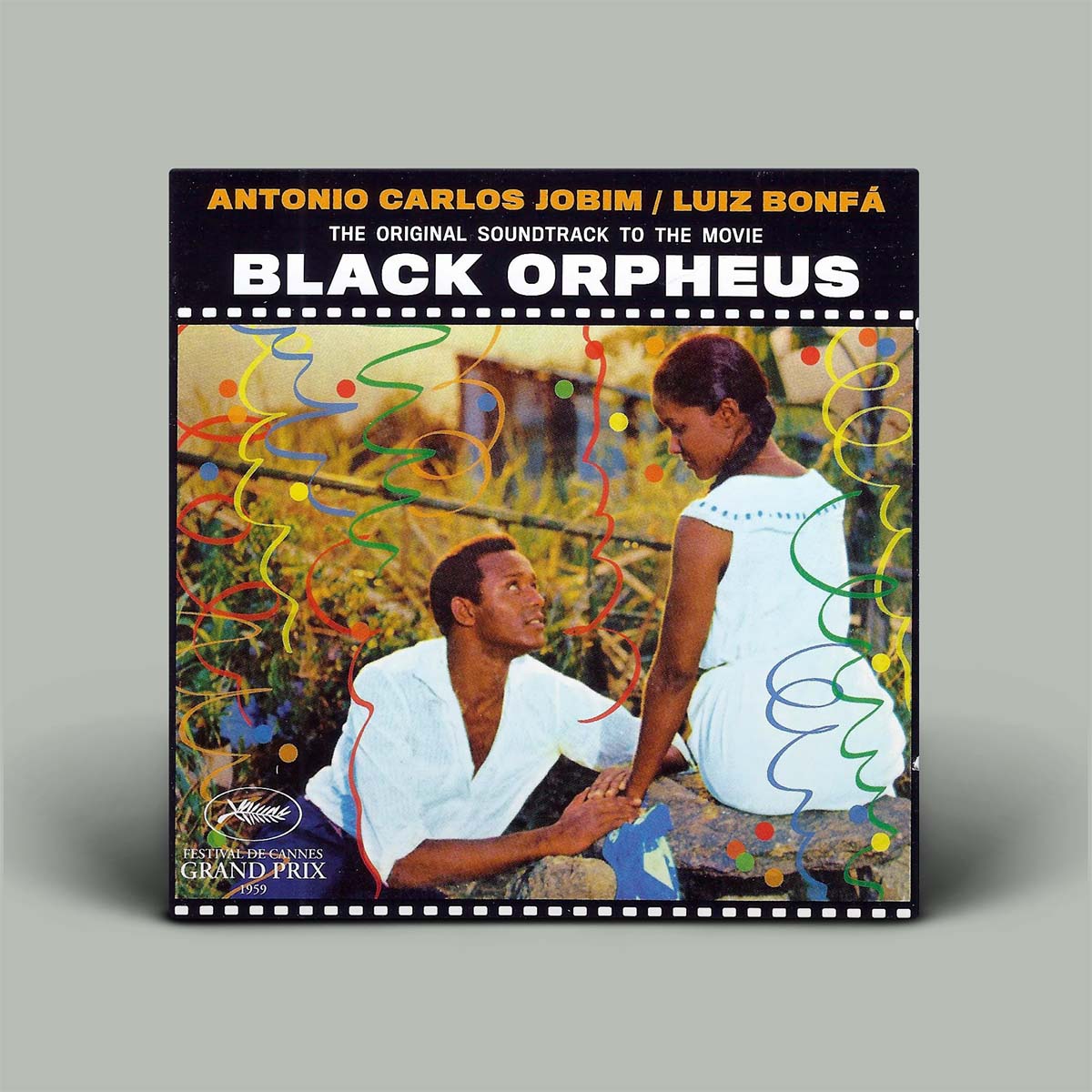 The album cover for 'Black Orpheus' soundtrack by Antonio Carlos Jobim and Luiz Bonfa, featuring a colorful illustration of a seated man and standing woman with abstract swirls, shown on a light gray background.