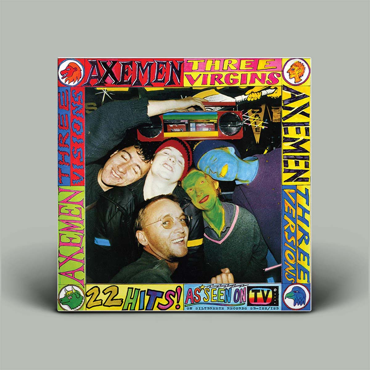 Album cover for 'Three Virgins' by The Axemen with colorful text and images on a gray background