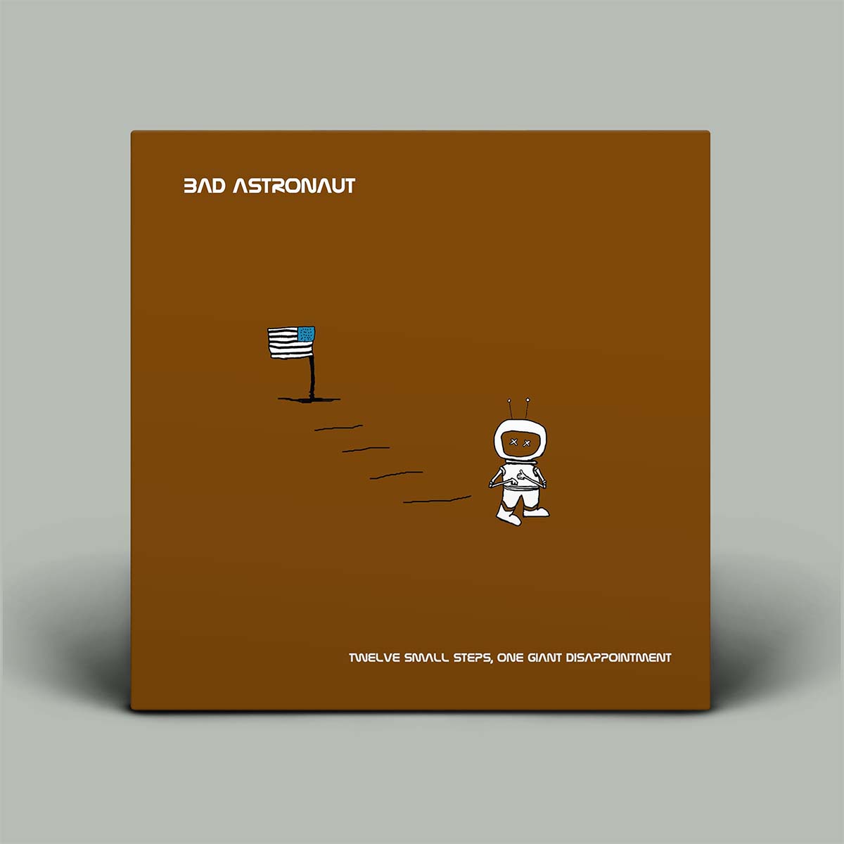 Album cover for 'Bad Astronaut' with an astronaut and flag illustration on a brown background