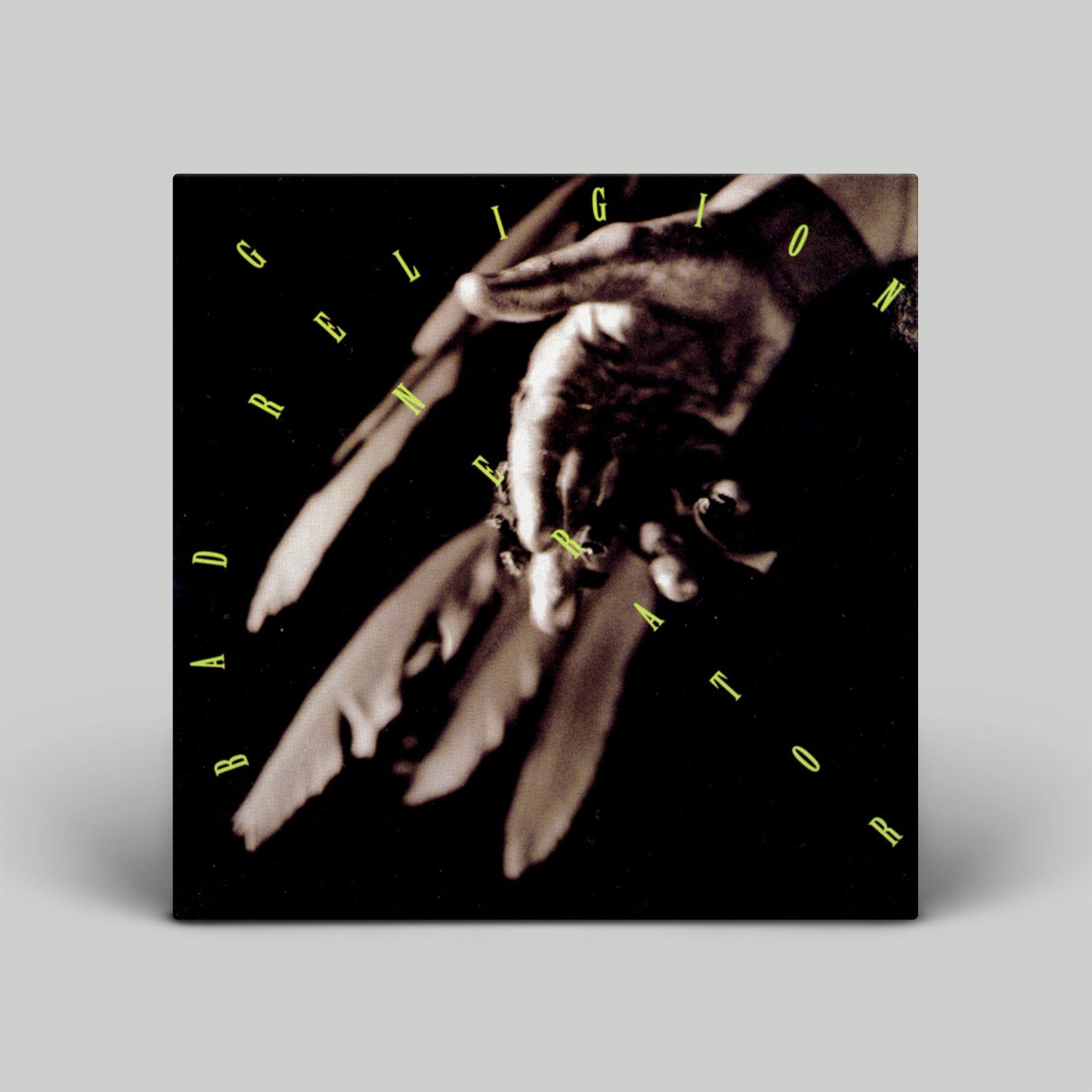 Album cover with hands reaching towards each other and text on a black background