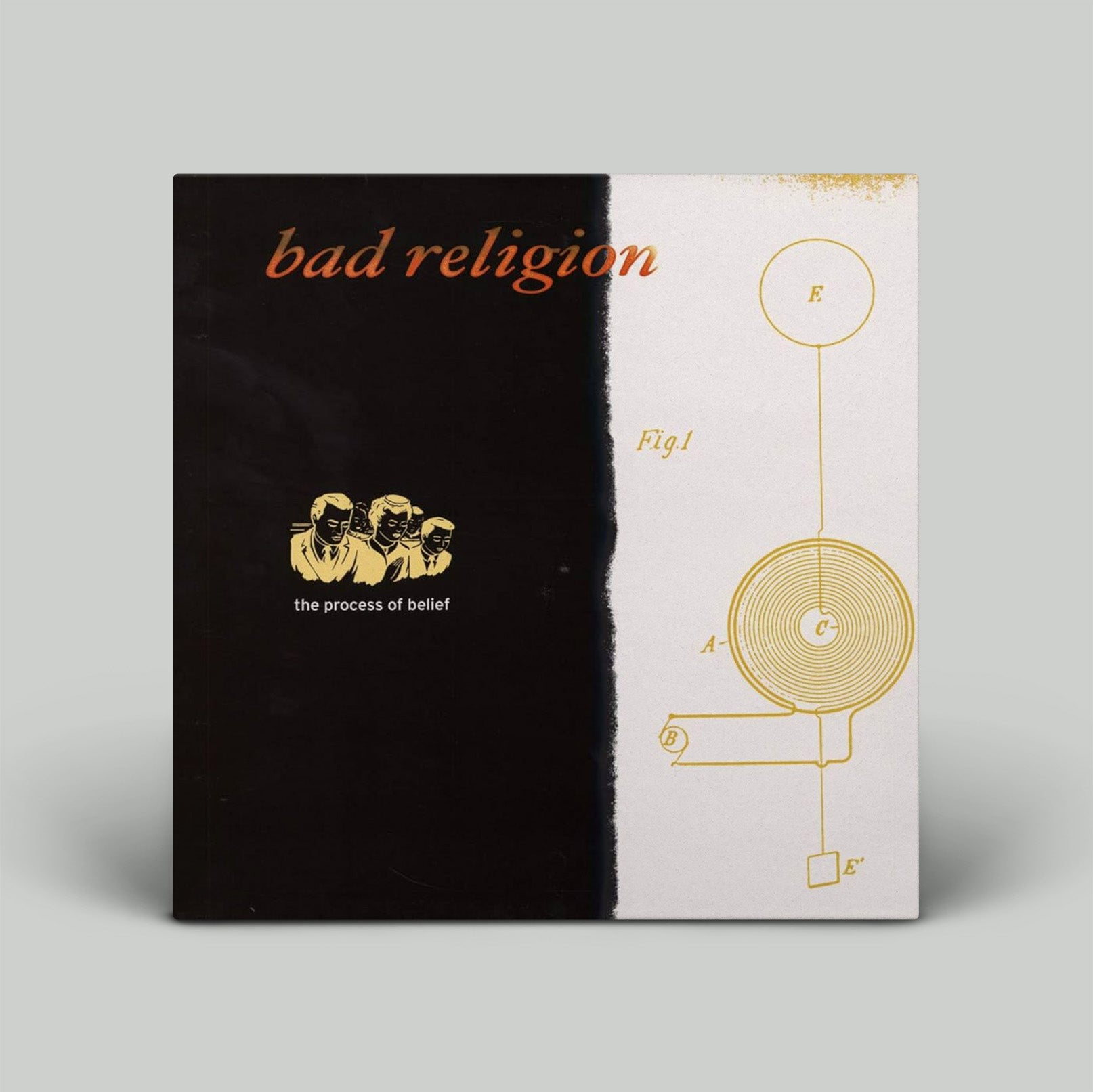 Album cover for 'The Process of Belief' by Bad Religion with black, white, and gold design elements.