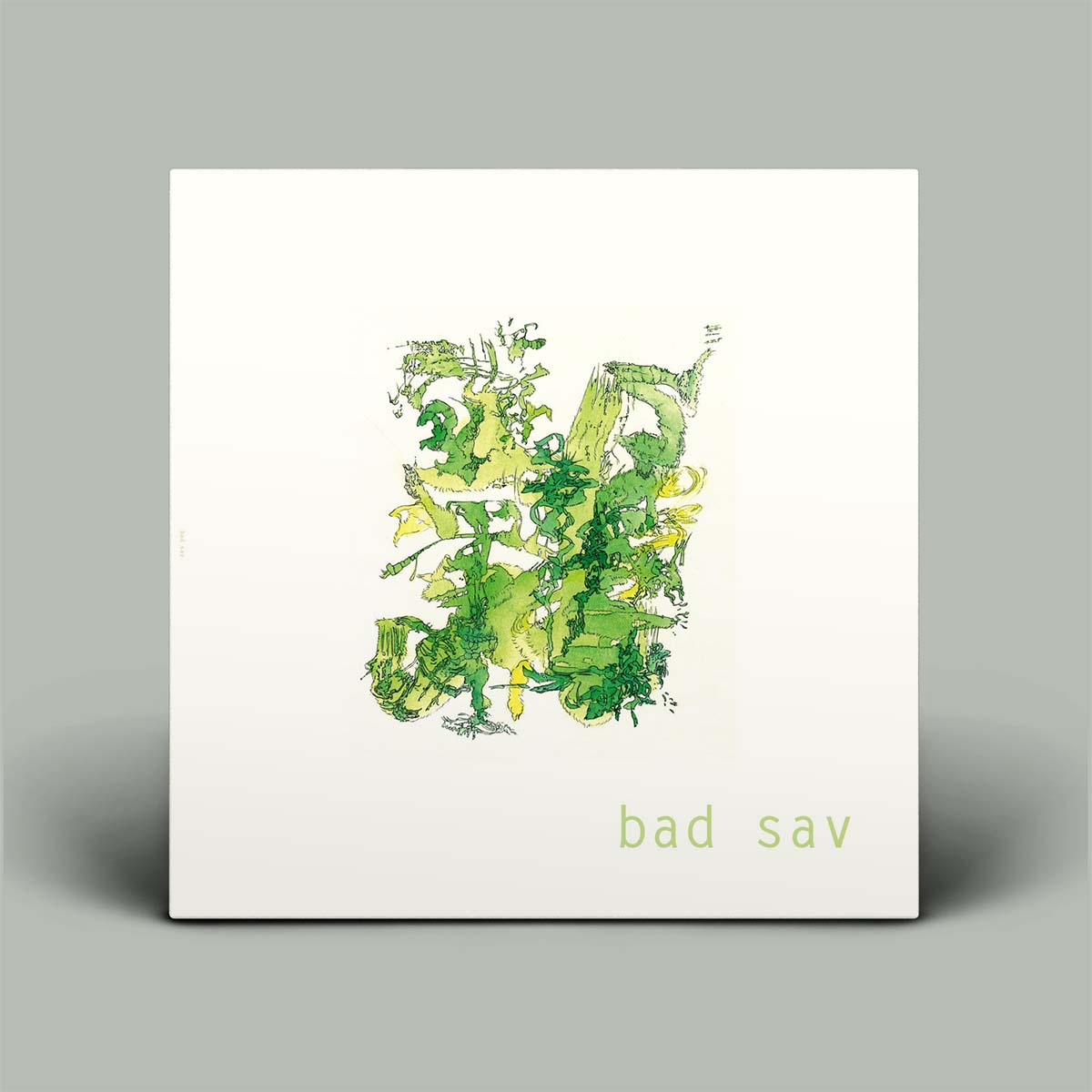 A square white album cover or art print featuring an abstract green and yellow brushstroke illustration in the center, with the text 'bad sav' in light green near the bottom, shown against a plain gray background.