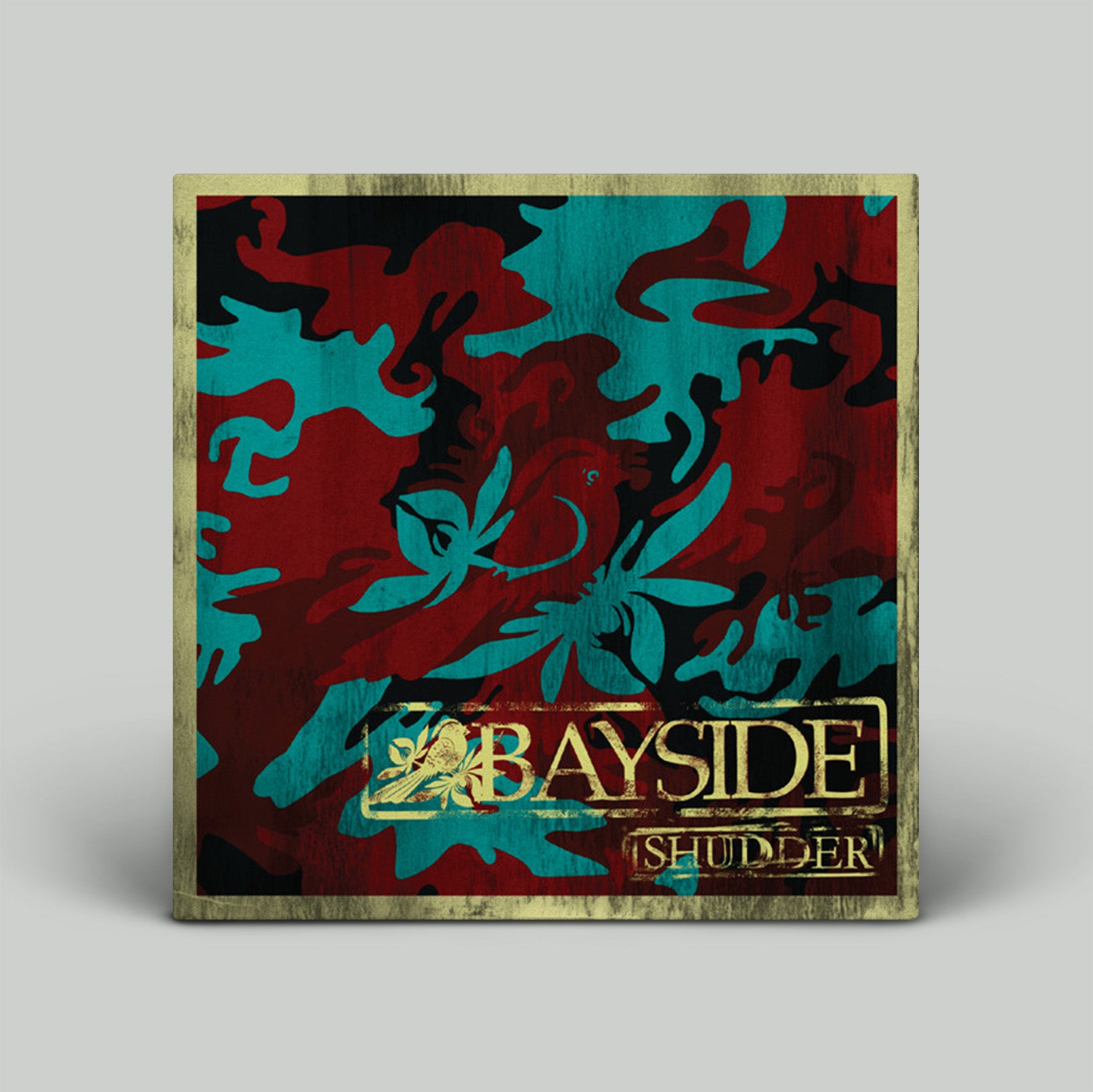 Album cover with abstract design and 'Bayside' branding on a gray background
