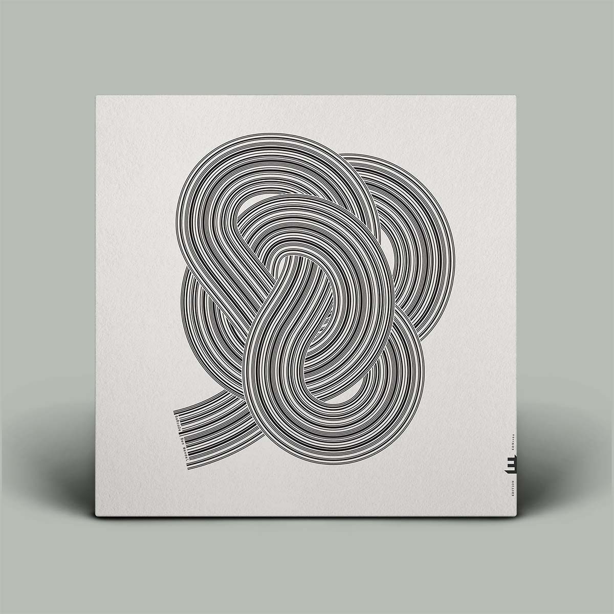 A square canvas art print featuring an abstract black and gray striped knot design on a textured off-white background, displayed against a solid gray wall.