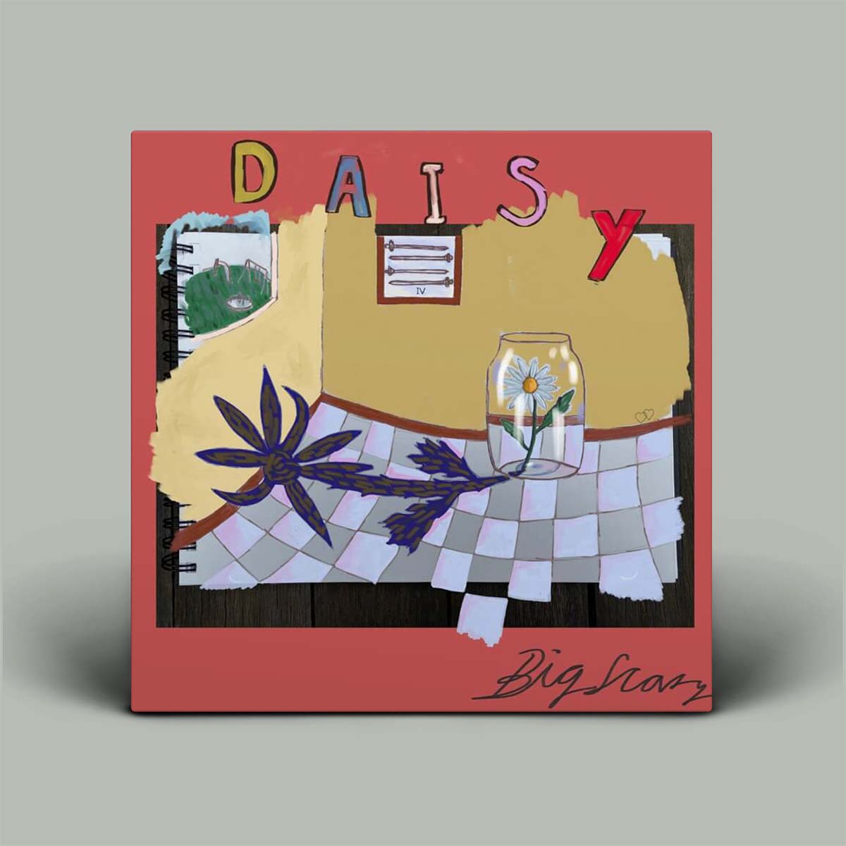 Artistic depiction of a table setting with flowers and a vase on a red background, featuring the name 'Daisy' and 'Big Star'.