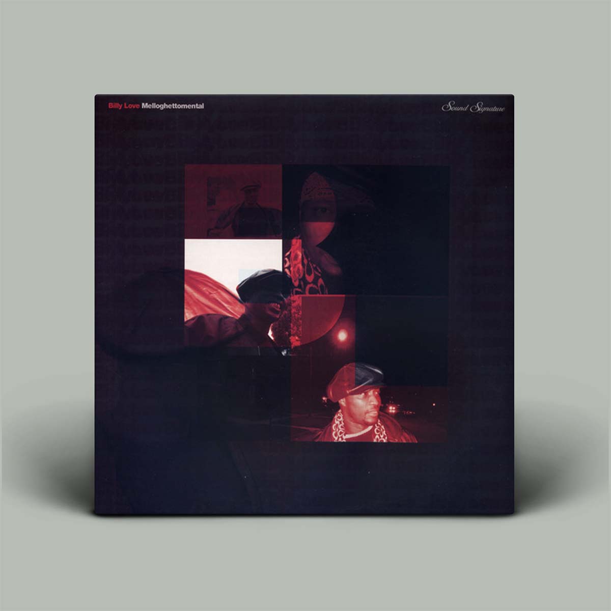 Album cover with a dark background and multiple images of a person .