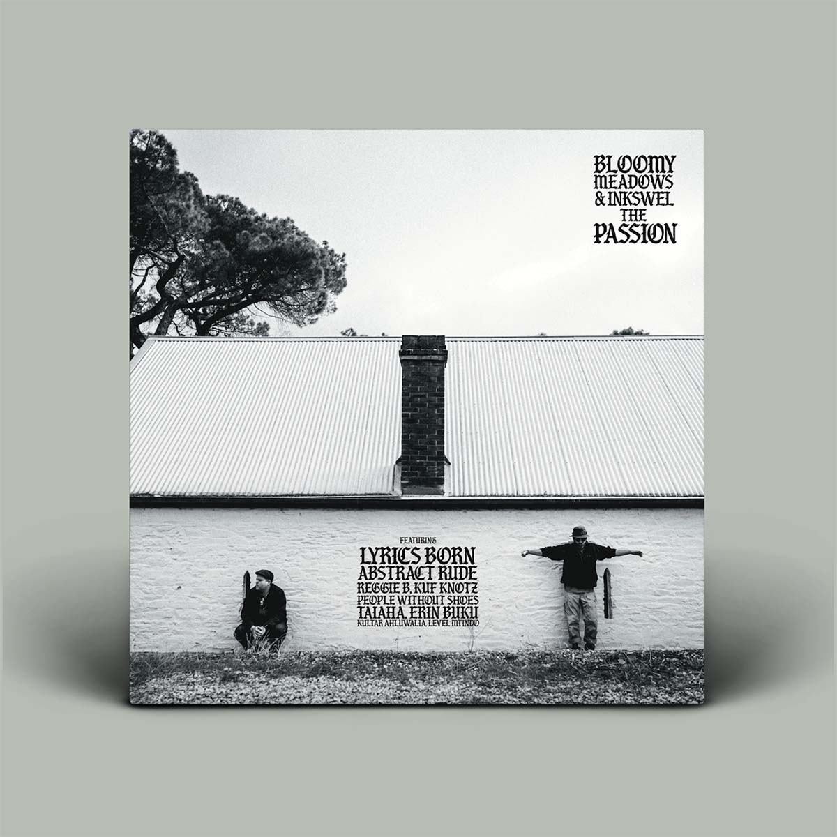 A square black-and-white album cover or print featuring a building with a chimney, a tree, and two people standing in front of a white wall. Text on the cover reads 'BLOOMY MEADOWS & INSWEL THE PASSION' and includes track/title text such as 'LYRICS BORN' and 'ABSTRACT RIDE.