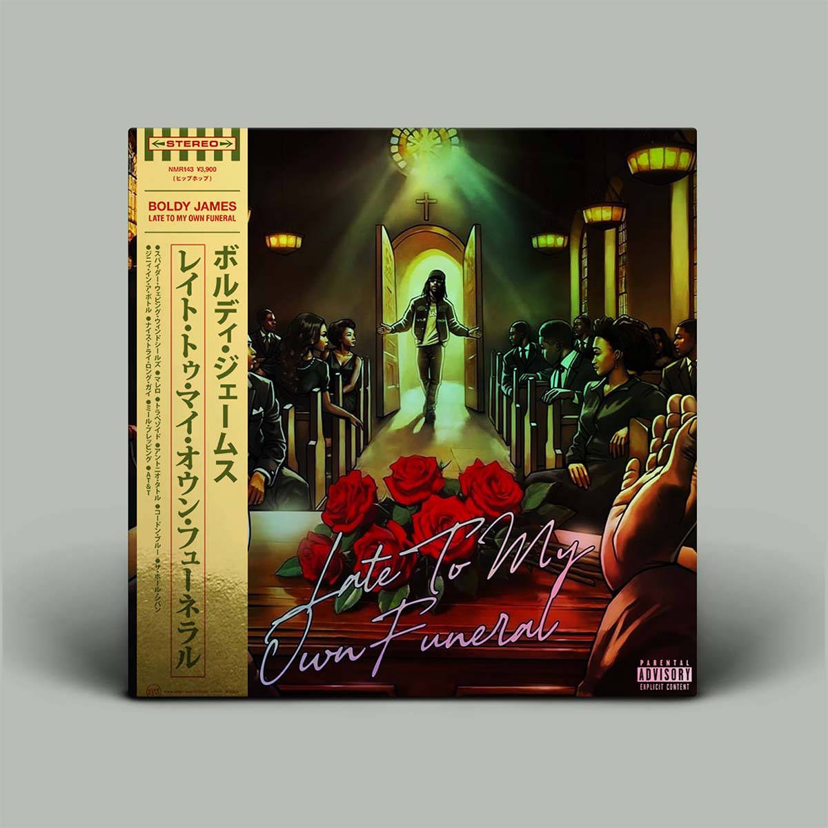 Japanese edition vinyl album cover of Boldy James's 'Late To My Own Funeral' on a neutral gray background. The cover features a dark, dramatic illustration of a funeral scene with a figure walking down a aisle, red roses in the foreground, and gold Japanese text on the spine.